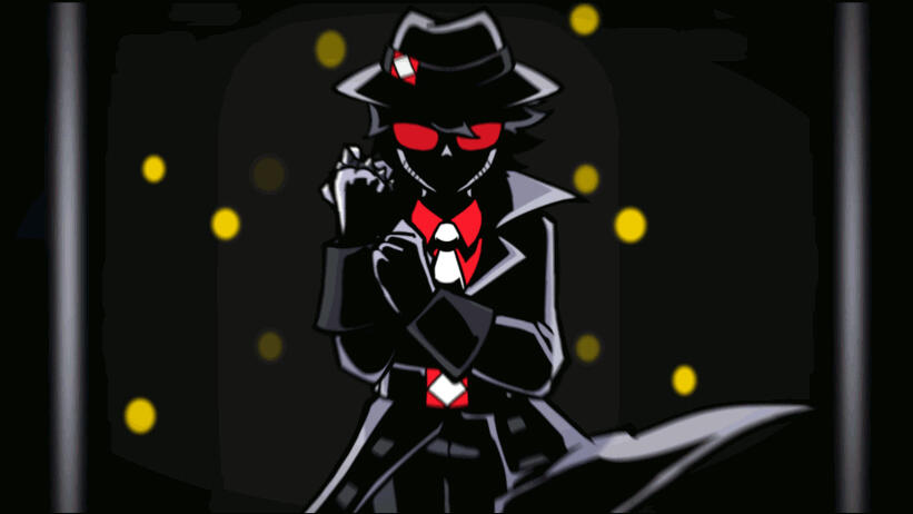 A decorative asset from Within the Vault, depicting The Fixer in shadow standing in front of multiple yellow lights coming from the vault.